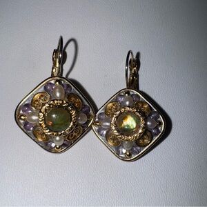 EUC Signed Michal Golan  Iridescent Cabochon & Pearl Lever-Back Earrings